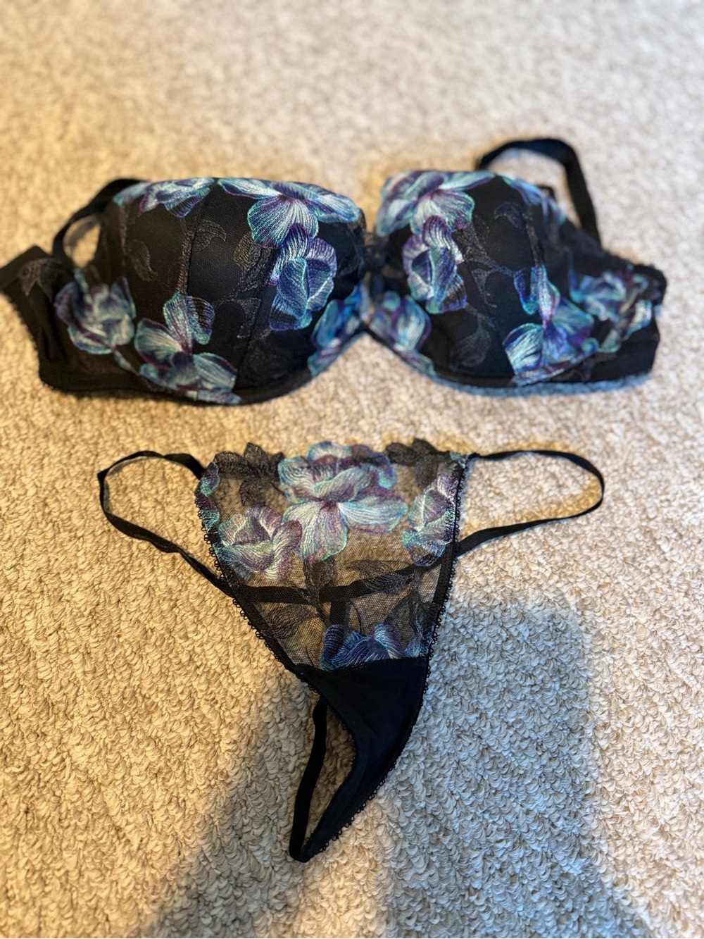 Victoria's Secret Black Bra & Thong Set with Blue Floral Lace